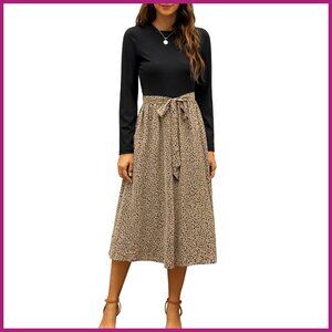 Long Sleeve Ribbed Midi Dress with Pockets, Belt Tie Waist